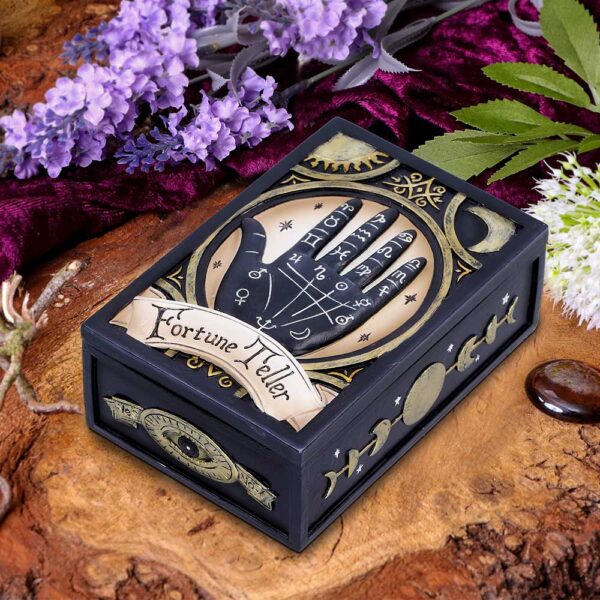 Mystische Tarotbox für Karten & Rituale. Handbemalt aus Polyresin. Ideal zur Aufbewahrung deiner Decks – stilvoll, sicher & voller Symbolkraft.